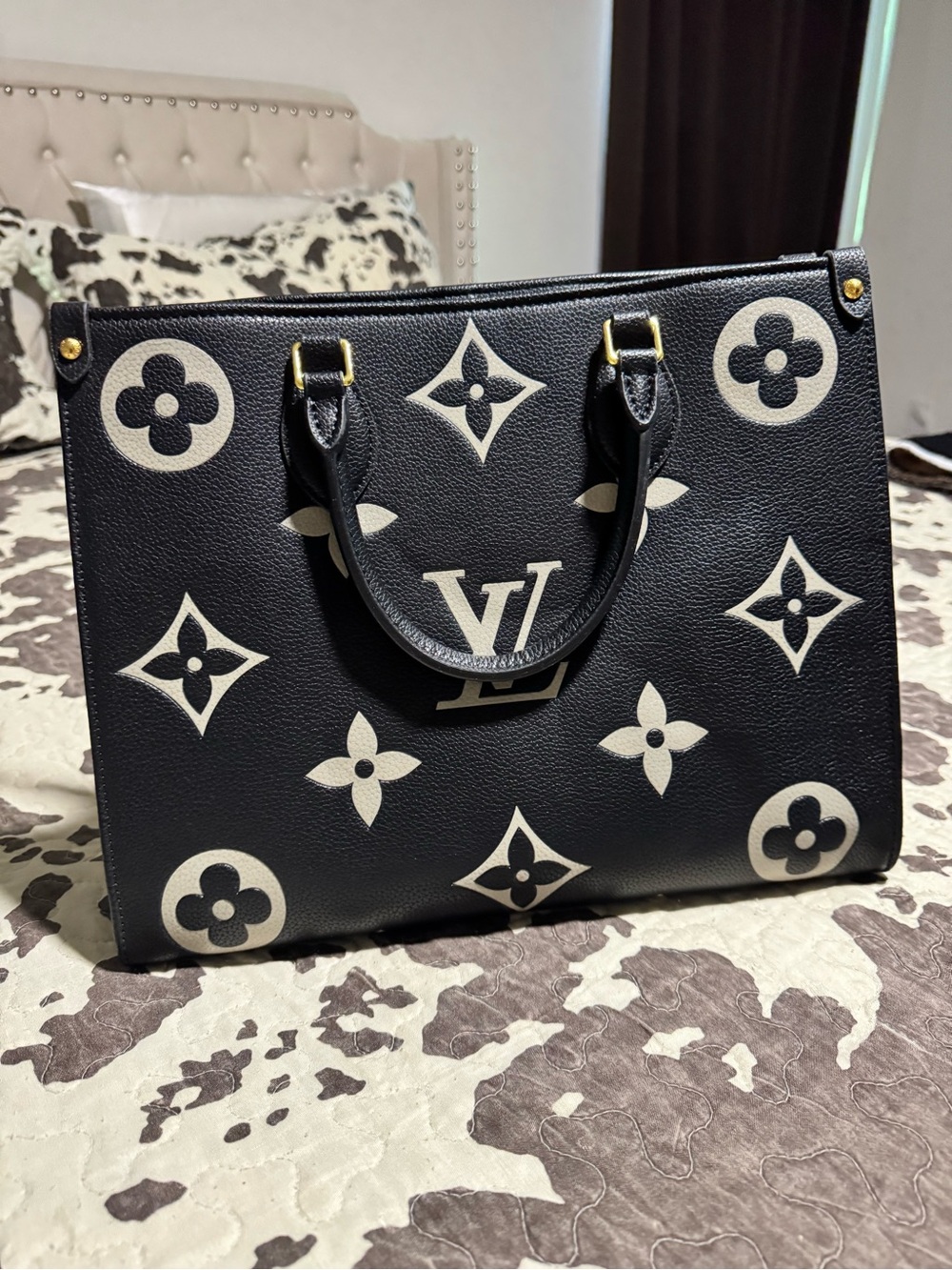 Black & White Monogram Canvas Tote with Red Interior